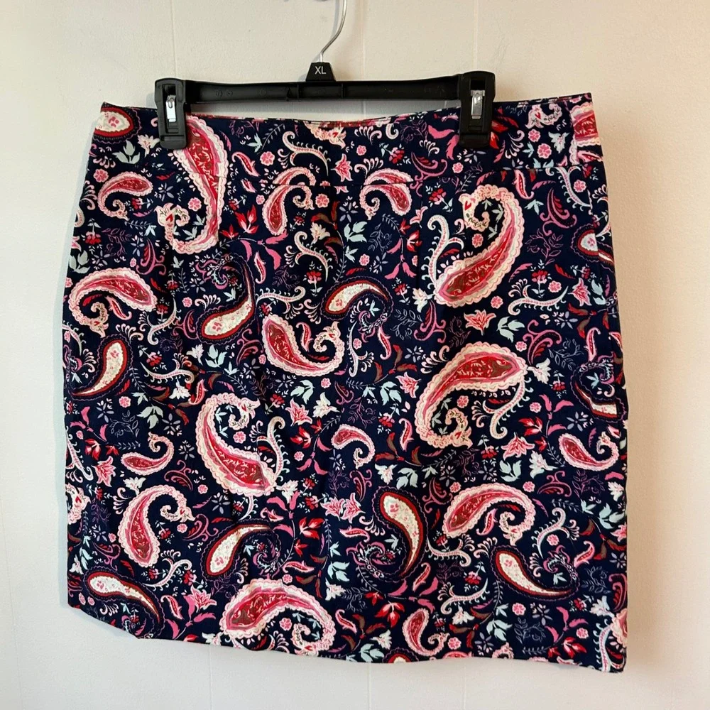 Talbots‎ Womens Navy Blue Pink Paisley Cotton Blend Pencil Skirt Size 14